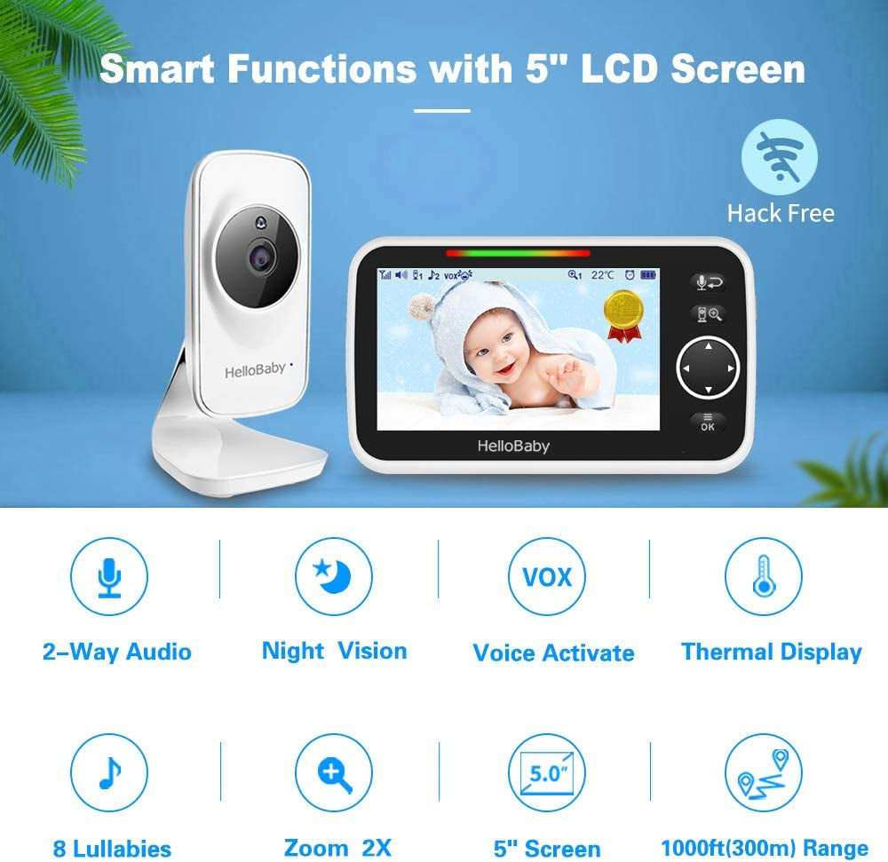 Monitor, Video Baby Monitor with Camera and Audio, 5” Large Display No Hacking Risks, Bright Night Vision, 2-Way Talk, Temperature, 8 Lullabies and 1000Ft Long Range