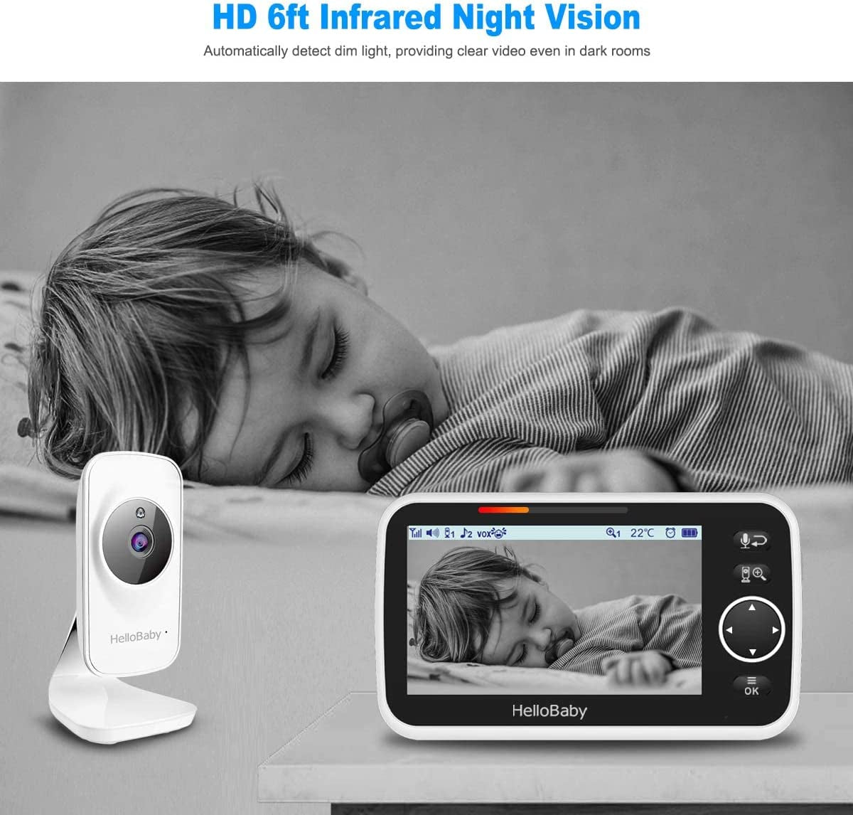 Monitor, Video Baby Monitor with Camera and Audio, 5” Large Display No Hacking Risks, Bright Night Vision, 2-Way Talk, Temperature, 8 Lullabies and 1000Ft Long Range