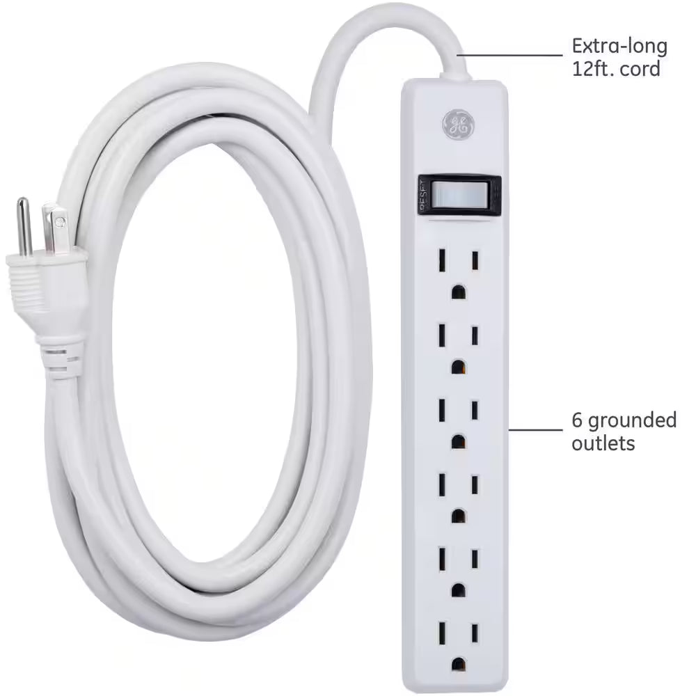 6-Outlet Grounded Power Strip with 12 Ft. Long Extension Cord in White