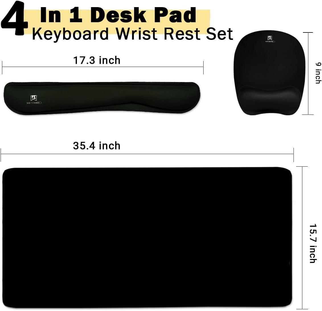 Keyboard Wrist Rest Large Mouse Pad Wrist Support for Computer, 4 in 1 Memory Foam Keyboard Pad Desk Mat Ergonomic Hand Rest Wrist Cushion for Home Office Gaming-Black